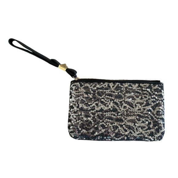 KATE SPADE Leroy Street Glitter Bee Black Leather Silver Sequins Wristlet NWOT - Picture 3 of 9